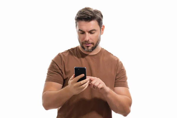 Memnun Adamı Telefonda Konuşuyor Tanıtım Amaçlı Mobil Uygulama Stüdyonun Arka — Stok fotoğraf
