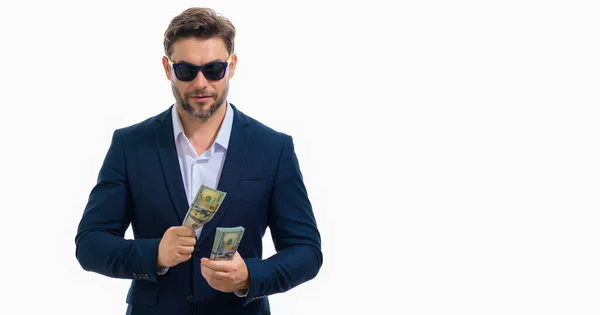 Homem Negócios Shirt Com Notas Dólares Dinheiro Isoladas Fundo Estúdio — Fotografia de Stock