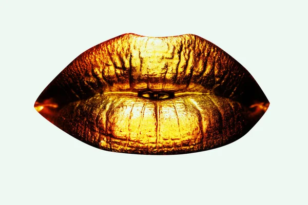 Beautiful Lipped Woman Gold Mouth Sensual Golden Lips Sexy Lip — стоковое фото