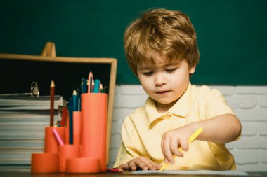 Ev veya okul eğitimi. İlkokuldan portre çocuğu. Okul konsepti. Kitap ile Mutlu sevimli akıllı çocuk öğrenci