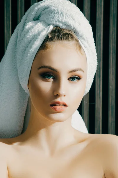 Portrait Sensual Woman Towel Wrapped Her Head Looking Camera Beautiful — Zdjęcie stockowe