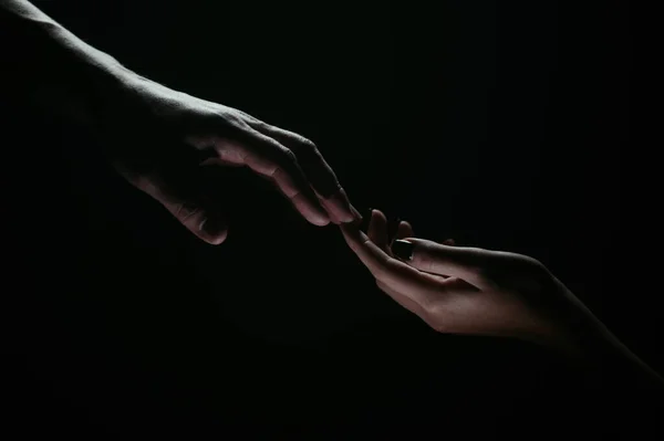 Hands Gesturing Black Background Giving Helping Hand Support Help Salvation — стоковое фото