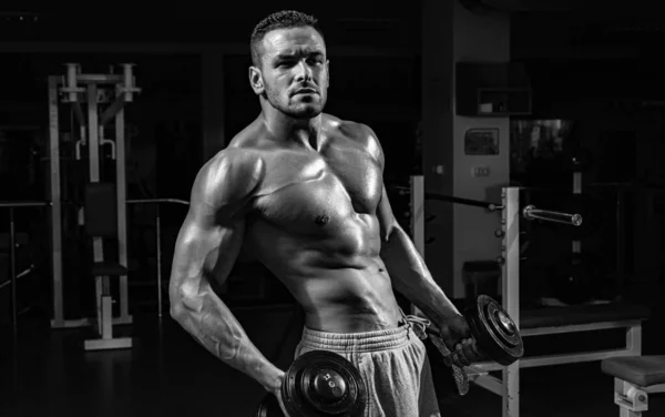 アスレチックマンボディビルダーはダンベルと演習を行う フィットネス筋肉体 体育館トレーニング — ストック写真