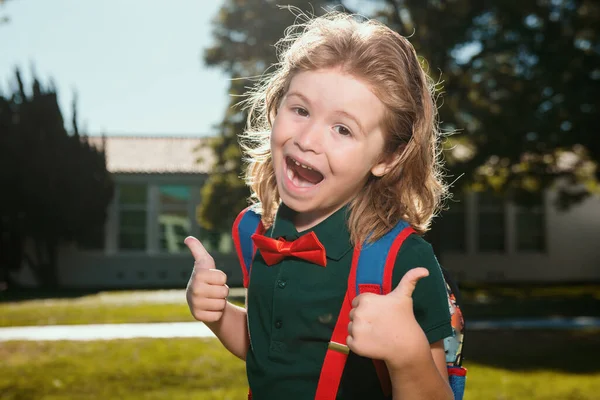Kind Met Rugzakken Het Schoolpark Opgewonden Pupil Met Rugzakken Buiten — Stockfoto