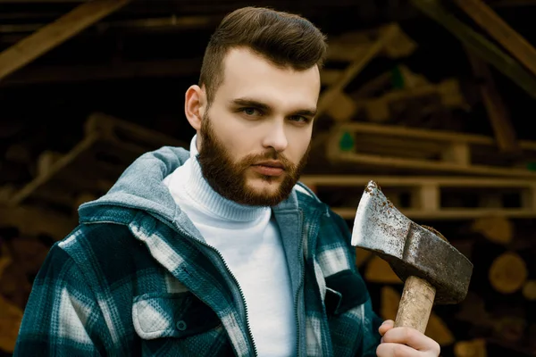 Lumbersexual Concept Bearded Lumberjack Checkered Clothes Carry Axe Sharp Blade — Stock Photo, Image