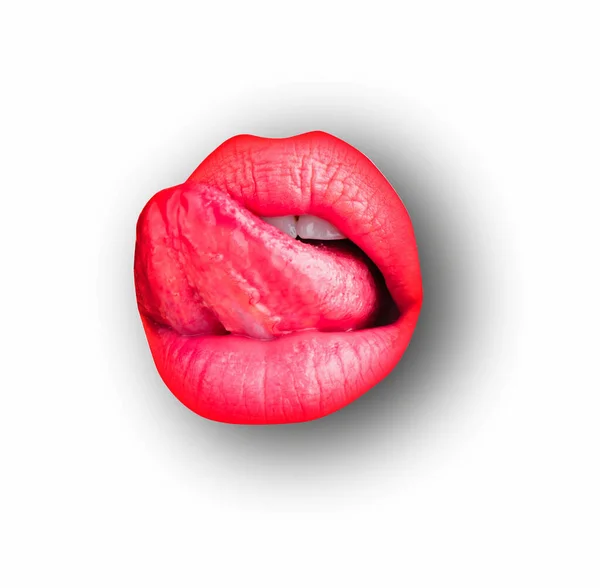 Жіночі Губи Білому Ізольованому Фоні Відсічний Контур Сексуальний Язик Лиже — стокове фото