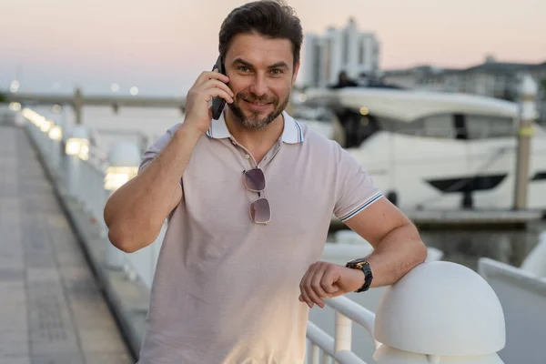 Handsome Man Chatting Phone City Street Successful Male Model Talking — Stock Photo, Image
