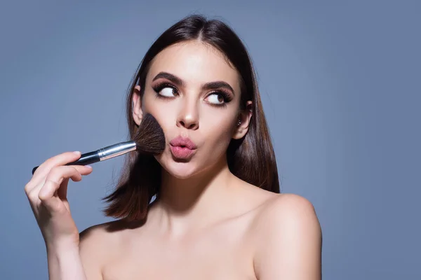 Beautiful Woman Applying Make Powder Cheek Cosmetic Powder Brush Perfect — Foto de Stock