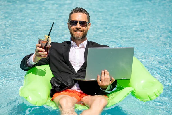 Successful Businessman Floating Suit Pool Water Summer Vacations Travel Concept — Stock Photo, Image