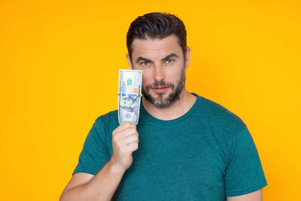Homem Com Dinheiro Dinheiro Notas Dólar Retrato Homem Segurando Monte — Fotografia de Stock