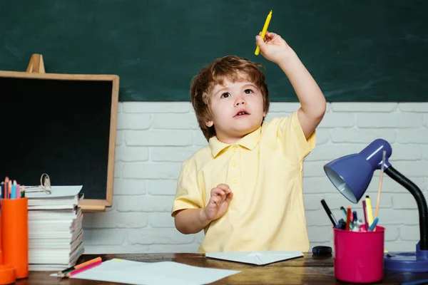 Friendly Child Classroom Blackboard Desk Cute Little Preschool Kid Boy — Stock Photo, Image