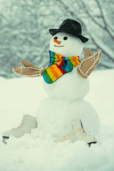 雪のフィールドに帽子とスカーフでかわいい雪だるま おかしな雪だるま雪だるまに挨拶 雪だるま冬の帽子をかぶった雪だるま雪の村でかわいい雪だるま — ストック写真