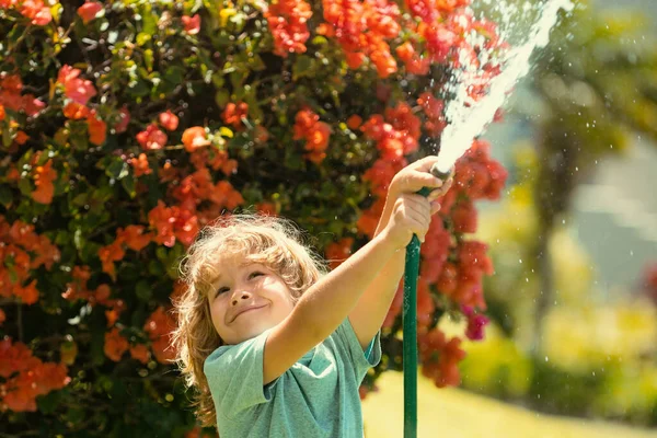 호스가지고 있는아이 마당에 물뿌리는 거재밌는 재밌게 즐기고 활동을 아이들 — 스톡 사진