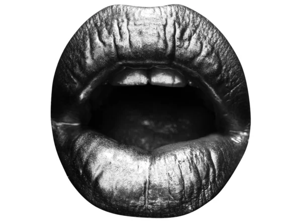 Otwórz Usta Zamknij Się Kobiece Złote Usta Odizolowane Kobieta Zmysłowe — Zdjęcie stockowe