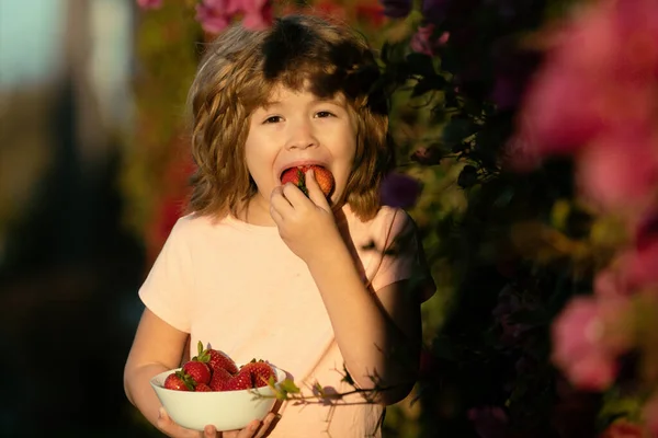 イチゴを持っているかわいい子供の肖像画 小さな子供は自然の中でイチゴを食べる 子供はおいしいベリーを楽しむ — ストック写真