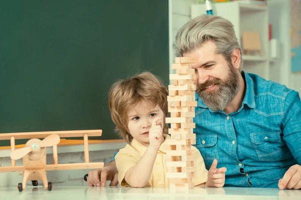 Happy Father Son Table Playing Board Games Learning Education Concept — Stock Photo, Image