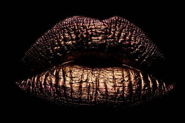 Gouden Lippen Van Dichtbij Gouden Metalen Lip Mooie Make Gouden — Stockfoto