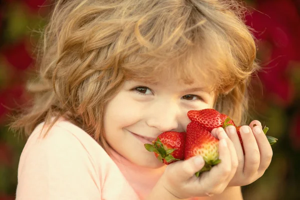 Healthy Kids Food Adorable Kid Eating Strawberry — Stock fotografie