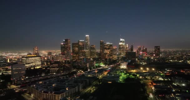 Illuminated Streets Downtown Los Angeles Skyline Twilight Dusk Night Aerial — Stock Video