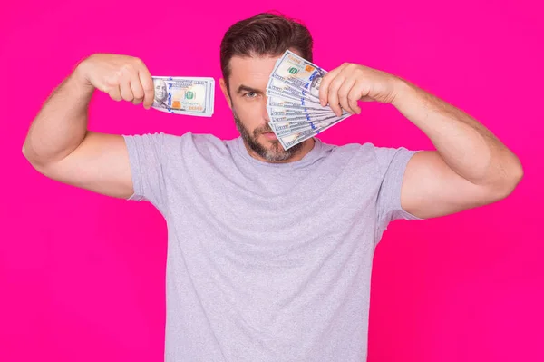 Portret Zakenman Met Cash Dollarbiljetten Roze Achtergrond Veel Geluk Spandoek — Stockfoto