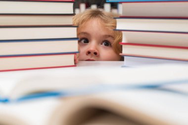 Eğitim Konsepti. Okulda kitap okuyan bir öğrenci. Ödev yapan bir çocuk, kitapların olduğu masada oturuyor, sınıfta.