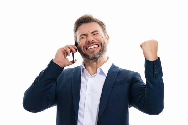 Hombre Negocios Excitado Hablando Por Teléfono Hombre Negocios Traje Usando — Foto de Stock