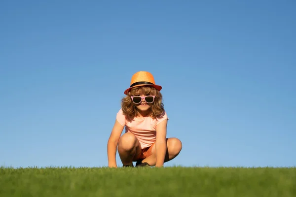 かわいい子供の男の子は芝生でリラックスをお楽しみください 夏の公園で屋外で遊んでいる子供たち 自由と屈託のない 幸せな子供時代 夏の間緑のフィールドでリラックスした子供 — ストック写真