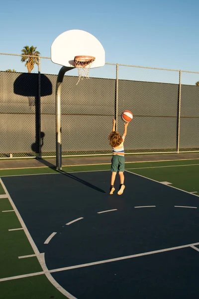 Cute Little Boy Holding Basket Ball Trying Make Score Sport — Stock Photo, Image