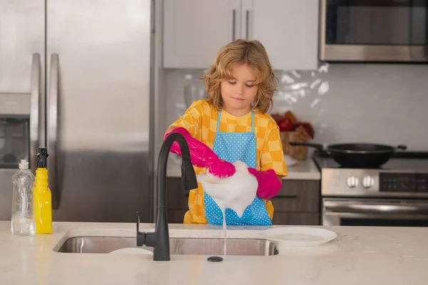 Dish Washing Concept Cute Kid Help Washing Dishes Kitchen Kid — Stock Photo, Image