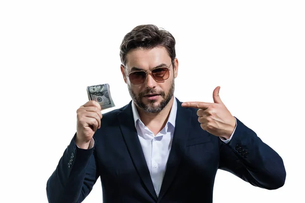 Facet Garniturze Trzymający Gotówkę Banknotach Białym Tle Portret Biznesmena Banknotami — Zdjęcie stockowe