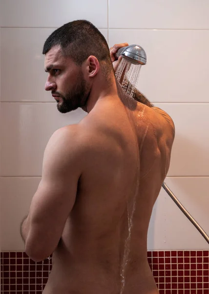 Cuidados Com Pele Corpo Jovem Homem Musculoso Tomando Banho Lavar — Fotografia de Stock