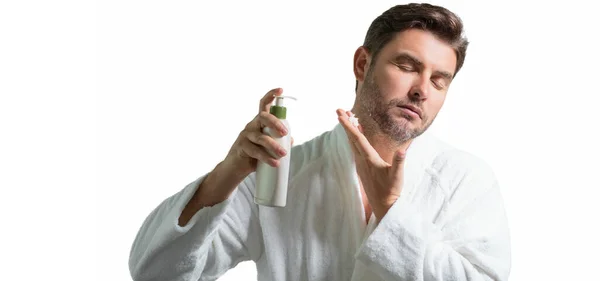 Hombre Con Botella Con Bomba Dispensadora Para Jabón Líquido Gel — Foto de Stock
