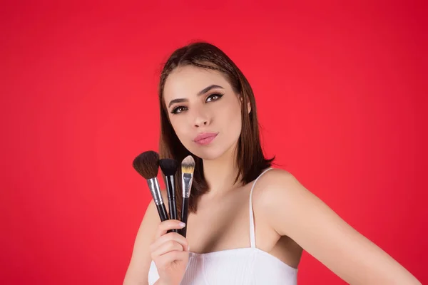 Beautiful Woman Applying Make Powder Cheek Cosmetic Powder Brush Perfect — Stock Photo, Image