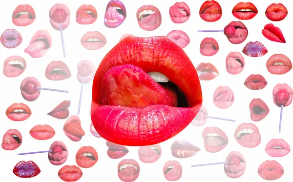 官能的な唇をなめるセクシーな舌 唇と口 赤い唇の背景 女性の唇 — ストック写真