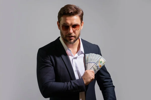 Hombre Negocios Con Billetes Dinero Empresario Masculino Con Billetes Dólar — Foto de Stock