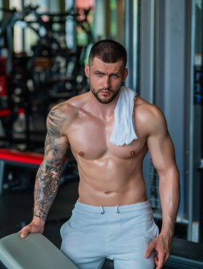 Man exercising with dumbbell. Male bodybuilder doing weight lifting workout at gym. Training with barbell. Muscled man strong muscular fit man workout with heavy weight. Exercises for muscular body