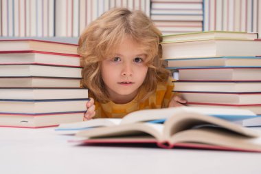 Bilgi toplama günü. Okul kütüphanesindeki masada ödev yapan öğrenci. Kitap yığınlarının yanında ödev kitapları okuyan bir çocuk. Çocuk arka planda raflar dolusu kitap olan bir kitap okuyor.