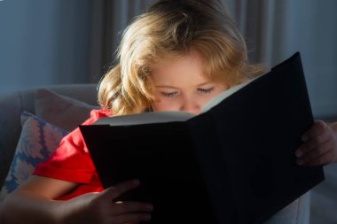 İlginç çocuk kitapları okuyan sevimli sarışın çocuğun yakın portresi. Çocuk evde kitap okuyor.