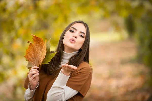 Retrato Outono Mulher Alegre Com Folhas Bordo Amarelas Retrato Menina — Fotografia de Stock