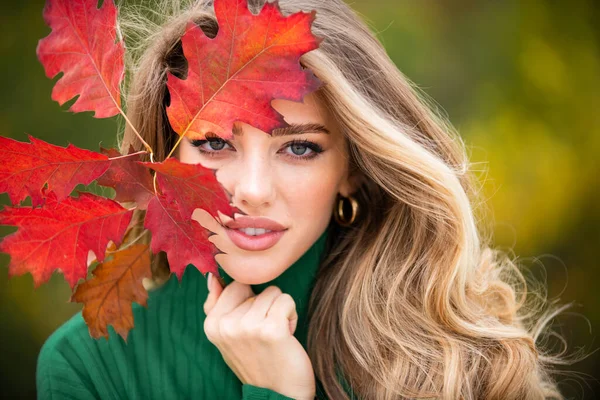 Autumn romance woman with leaves. Female model on foliage day. Dream and lifestyle. Beauty outdoor portrait. Carefree gorgeous sensual natural tender charming girl with leaf on face. Fall nature
