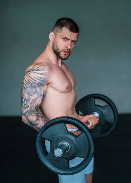 Muskelkräftiger Mann Beim Training Mit Kurzhanteln Fitnessstudio Schöner Mann Mit — Stockfoto
