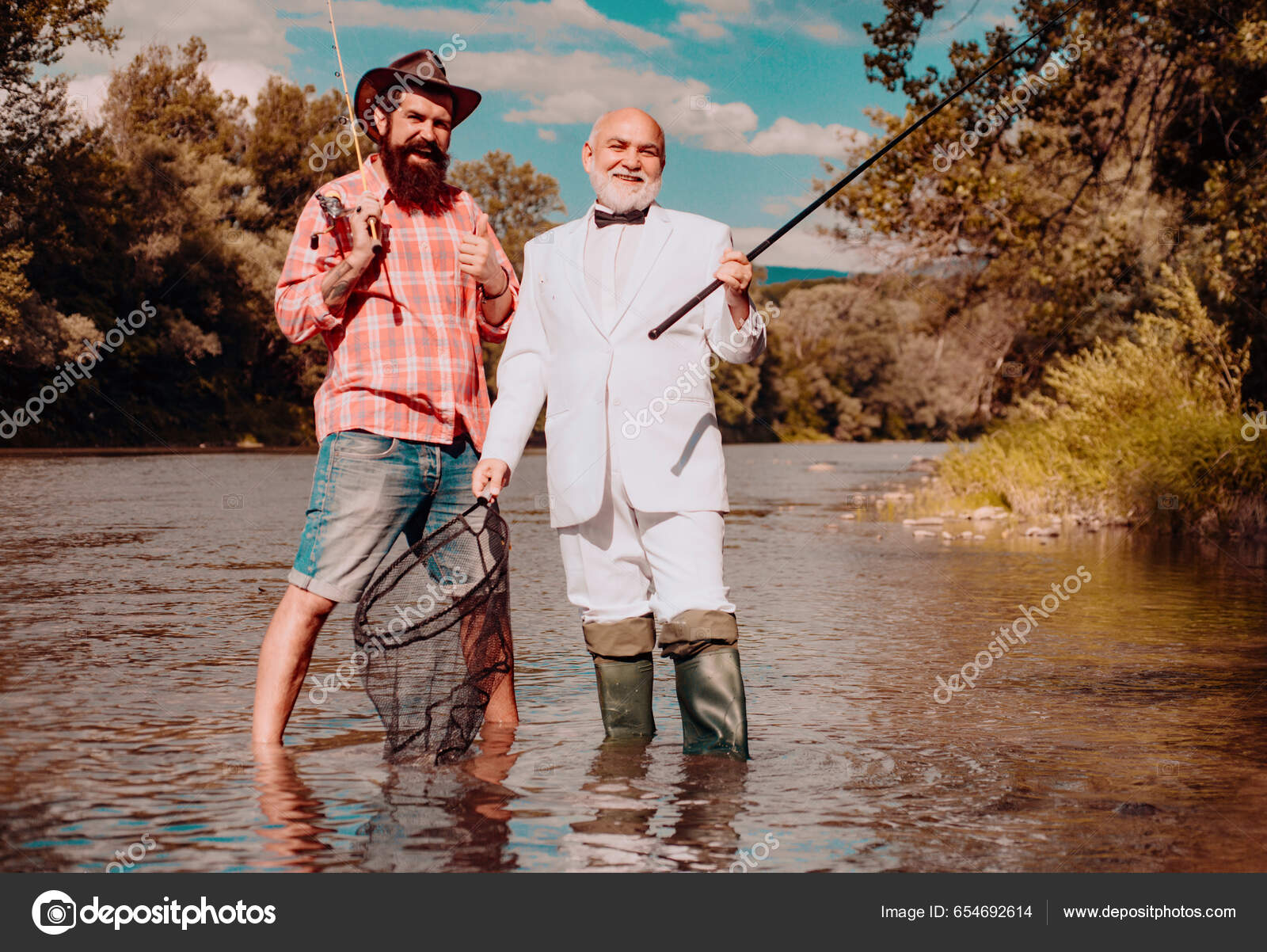 Senior Fisherman Suit Bearded Casual Man Fishing Fishing Rod Stock