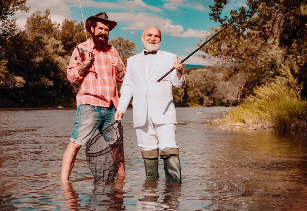 Senior Fisherman Suit Bearded Casual Man Fishing Fishing Rod — Stock Photo, Image