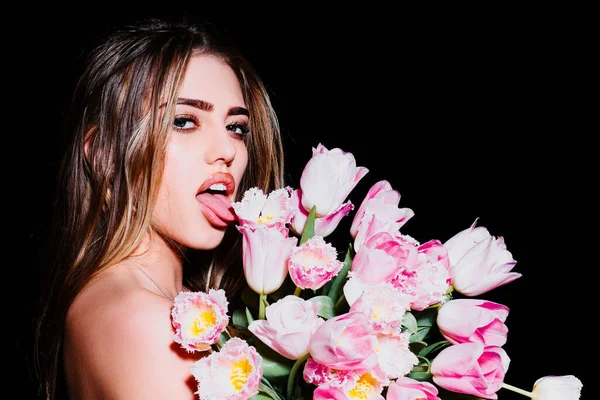 Sensual Girl Tongue Tulips Blowjob Kiss Sensual Tongue Licks Tulip — Fotografia de Stock