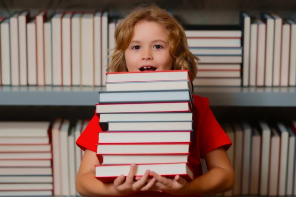Excited School Kid Hold Stack Books Surprised School Kid Schoolboy — Stock Photo, Image
