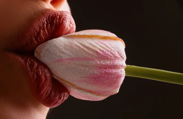 Közelkép Tökéletes Természetes Ajak Sminkkel Női Száj Szopás Nyalás Csókolózás — Stock Fotó