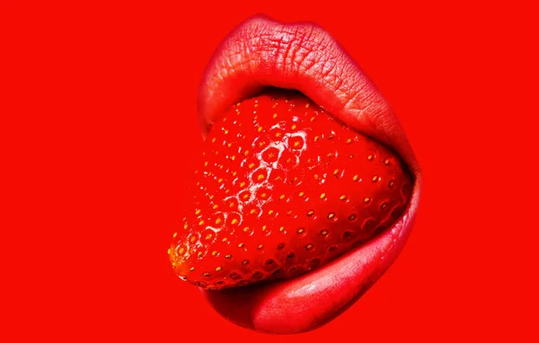 Σέξι Χείλη Στόμα Κόκκινη Γλώσσα Φράουλα — Φωτογραφία Αρχείου