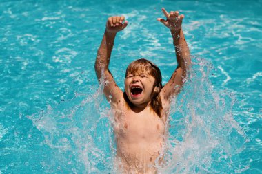 Excited kid boy in pool. Child swimming in water pool. Summer kids activity, watersports