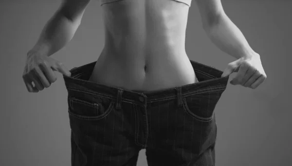 Skinny Waist Slim Girl Have Points Slim Waist Big Trousers — Stock Photo, Image