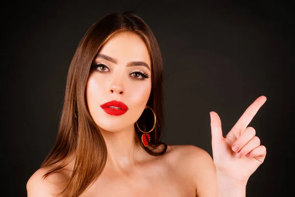 Portrait Sexy Young Woman Pointing Finger — Fotografia de Stock
